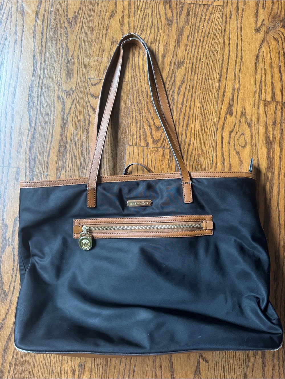 Michael Kors Black Nylon Tote with Brown Leather Trim